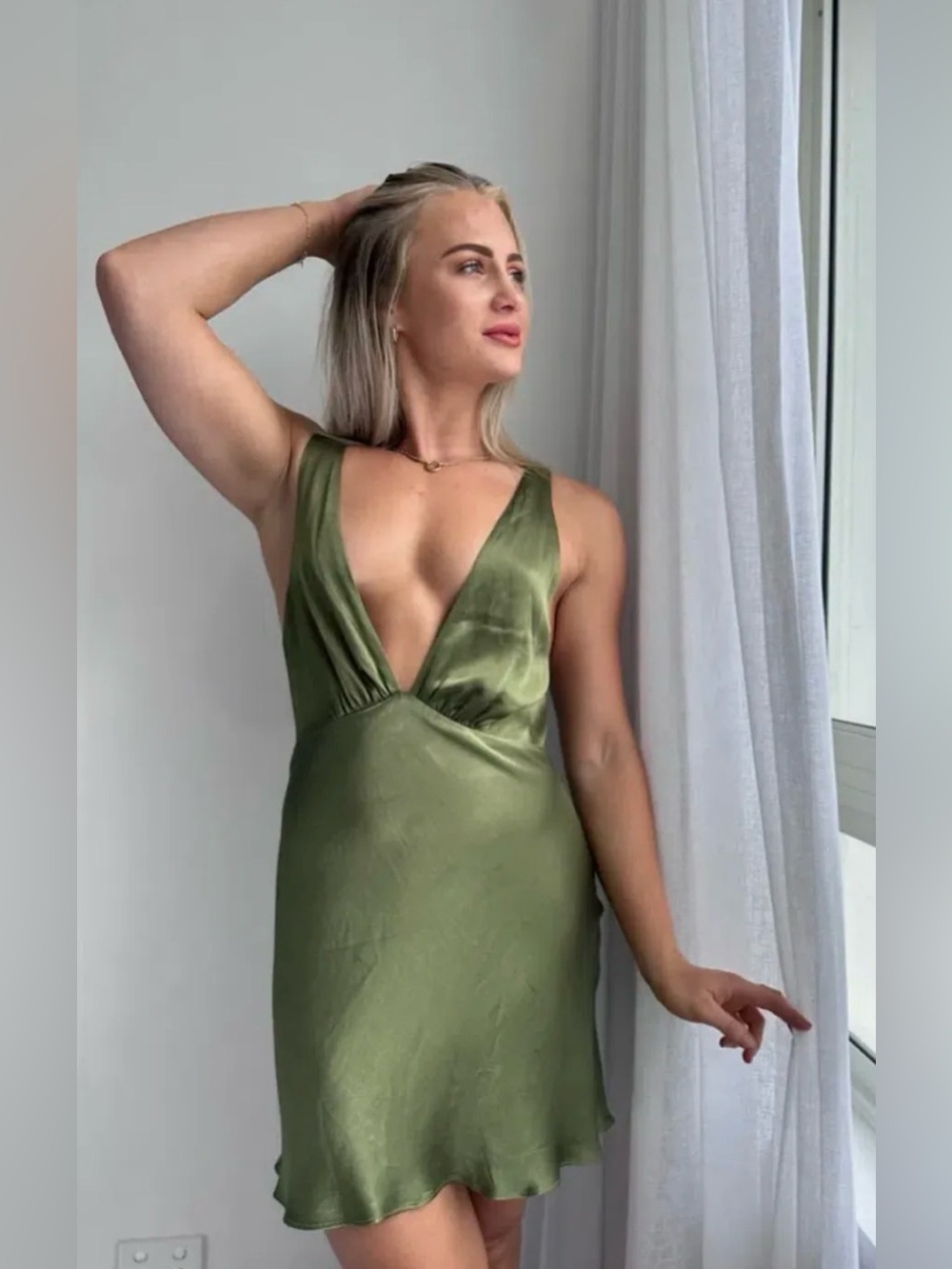 Shona Joy Olive Green Deep V-Neck Satin Dress